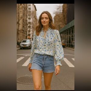 DKNY Multicolor Button Down Blouse in Blue Sz‎ L